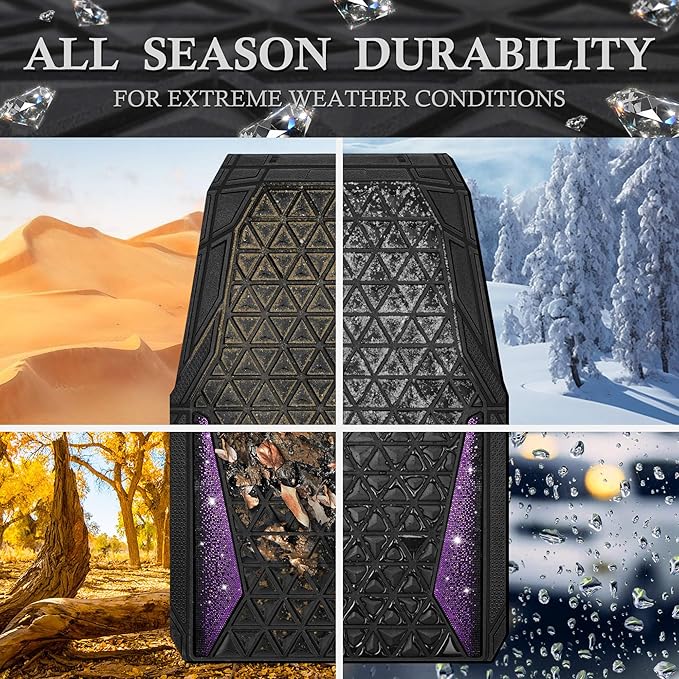 CAR PASS Bling Rubber Car Mats Diamond Floor Mats Full Set Anti-Slip 3D Rhombus Waterproof Universal Trim to Fit Liner Glitter Crystal Sparkly Shining Rhinestone Girl Women SUV Sedan Van, Black Purple