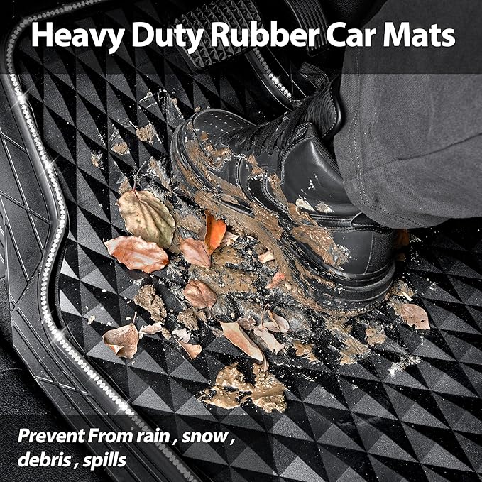 CAR PASS Bling Diamond Black Rubber Car Mats, Heavy Duty Deep Dish All-Weather Floor Mat Anti-Slip 3D Rhombus Waterproof Trim to Fit Liner Universal Glitter Sparkly Shining Rhinestone, 3 Pcs Silver