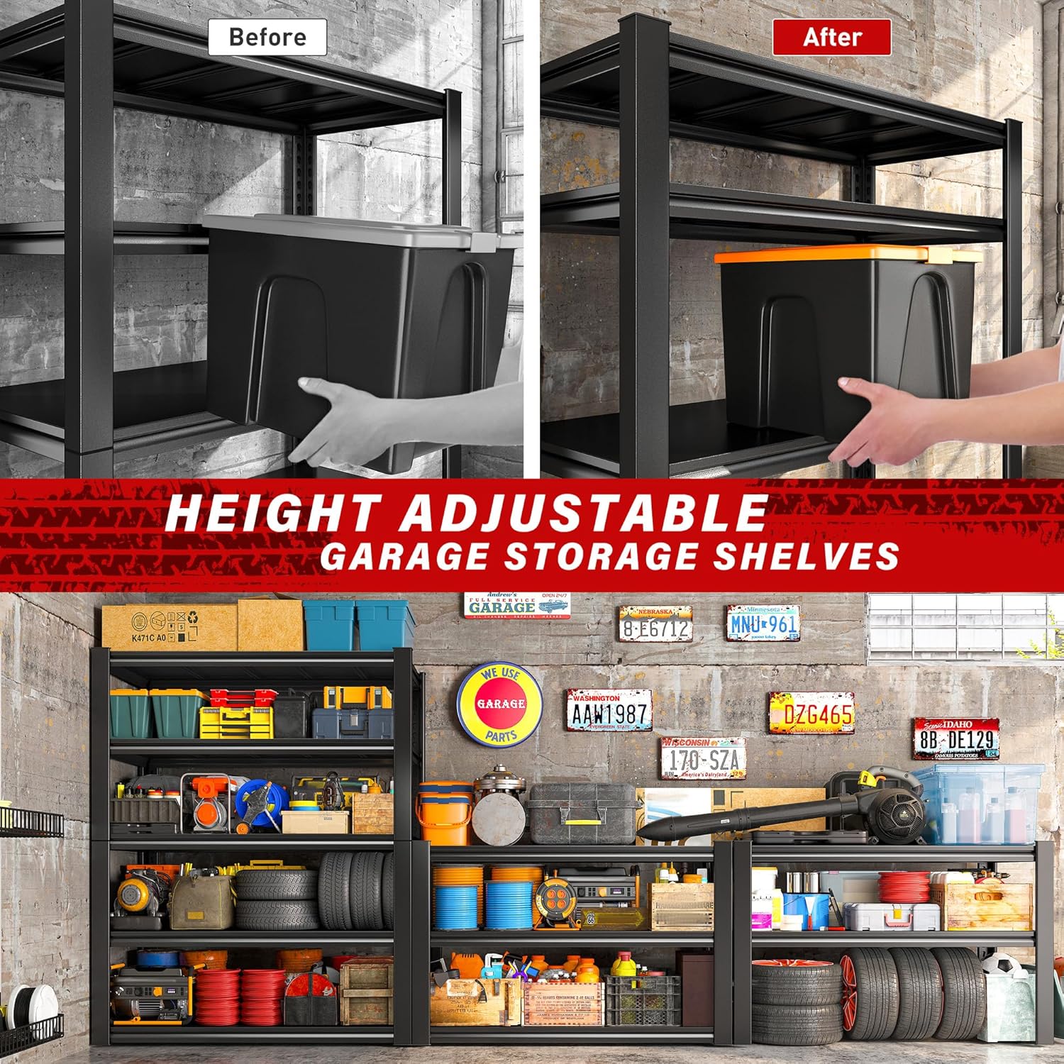 REIBII 40" W Garage Shelving, Heavy Duty Storage Shelves Load 2500LBS, 5-Tier Adjustable Metal Shelving, Garage Shelves for Warehouse, Pantry, Basement, 72" H x 40" W x 18" D, 4Pack
