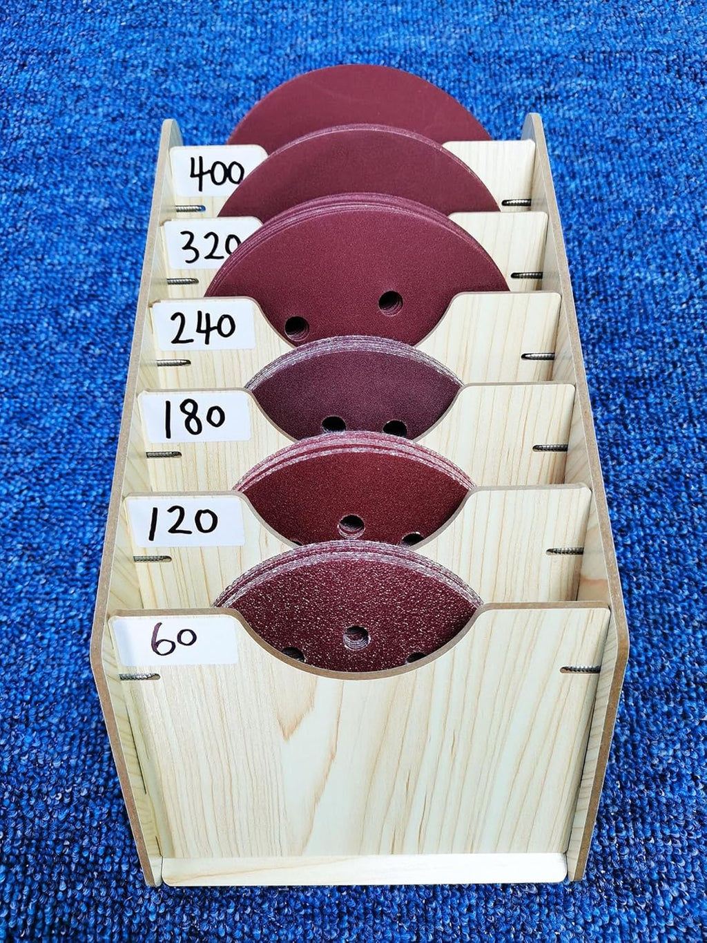 6-Tier Hanging Wooden Sandpaper Storage Holder, Sandpaper Organizer for Sanding Discs 5 Inch 6 Inch, Wall Mount Woodworking Tools Rack(Excluding Sandpaper), Maple Color, 1 Set