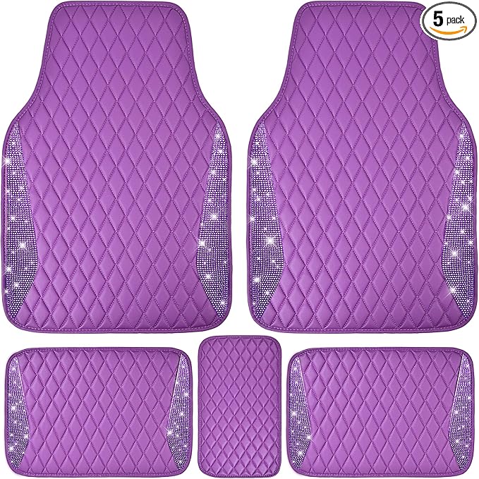 CAR PASS Bling Leather Car Mats Shining Diamond Floor Mats Crystal Rhinestone Sparkly Glitter Carpet Anti-Slip Waterproof Pad Universal Fit for Automotive SUV, Sedan, Van, 5pcs Girl Women, Purple