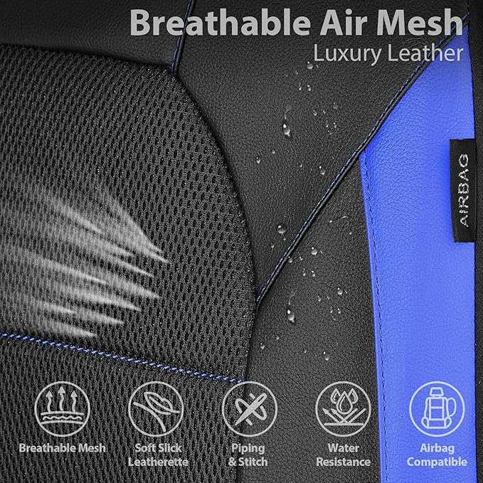 CAR PASS Leather seat Covers,Automotive Universal Sport car seat Cover Super 5mm Composite Sponge Inside,Airbag Compatible fits Most Cars, SUVs, Trucks, and Vans (Full Set,Black and Blue)
