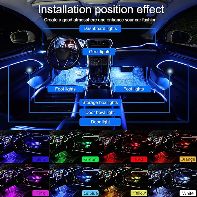 64 Colors Car Ambient Lighting Fiber Optic APP Control Multicoloured Music Car Atmosphere Decorative Lighting Kit 1W DC 12V-24V 5m