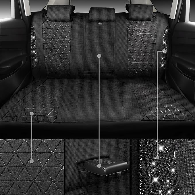 CAR PASS Oxford Bling Diamond Car Seat Covers Full Set Interior Sets, Waterproof Shining Glitter Sparkly Crystal Universal Armrest Fit 95% Automotive Truck SUV Cute Women Girl, All Black Rhinestone
