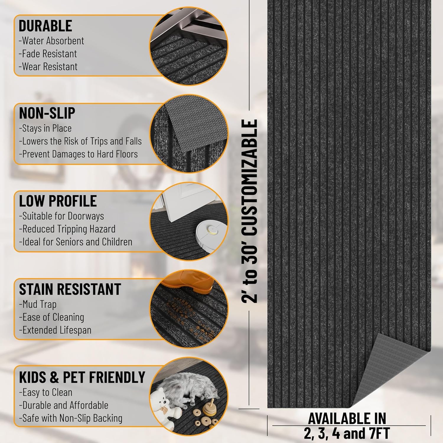 Ottomanson 2' x 29' Hallway Runner with Scraper Pile Extra Durable Non-Slip Rug Mat for Indoor & Outdoor Use - Ideal for Kitchen, Entryway, Patio & Garage - High-Traffic Carpet, Black