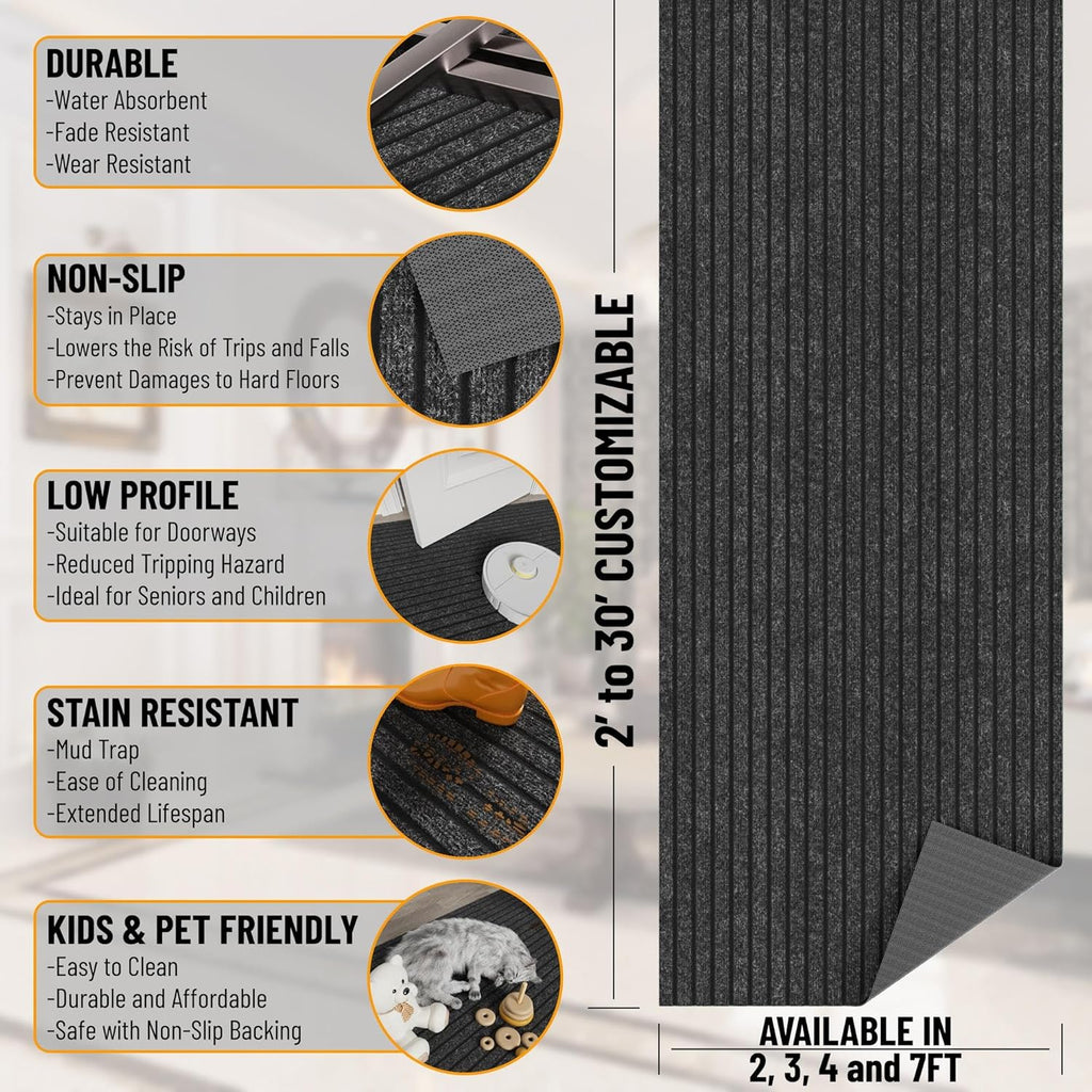 Ottomanson 2' x 7' Hallway Runner with Scraper Pile Extra Durable Non-Slip Rug Mat for Indoor & Outdoor Use - Ideal for Kitchen, Entryway, Patio & Garage - High-Traffic Carpet, Black