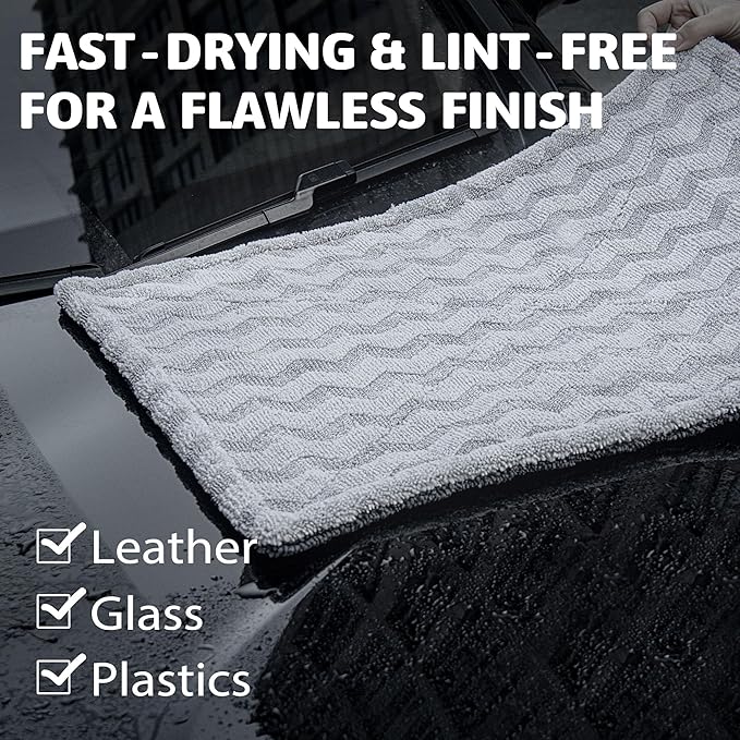 Greenfound Microfiber Towel for Cars, 1000GSM Car Drying Towel, Double Twist Pile & Edgeless Design, No Streaks, Scratches, or Water Spots, Soft and Absorbent, 18"×24", Wave Silver&Grey