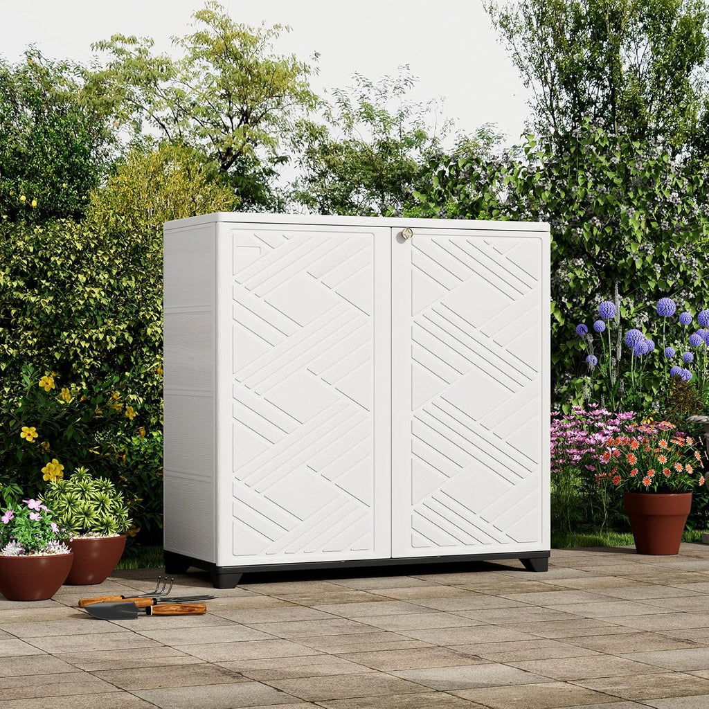 ZZM Indoor/Outdoor Storage Cabinet Waterproof, 34"x15"x34" Plastic Outdoor Storage Box for Garden Balcony Bathroom, All Weather Outdoor Storage Clearance, DIY Usage, with 2 Shelf (White)