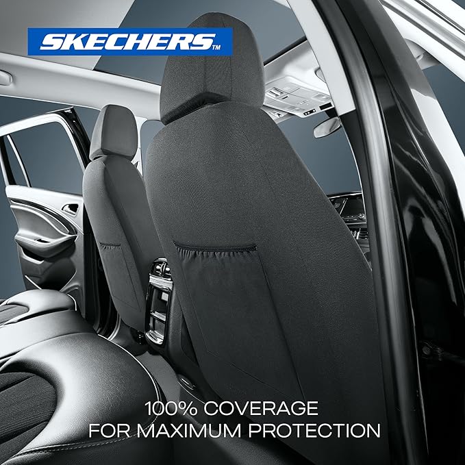 Skechers Seat Covers, Premium Breathable Polyester Seat Covers, Car Seat Covers Front Seats Airbag Compatible, Automotive Comfort for Most Cars, Vans, Trucks, SUVs (Two Front, Beige)