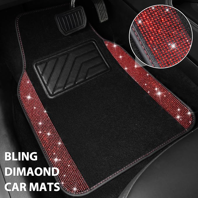CAR PASS Bling Diamond Car Floor Mats, Shining Rhinestone Carpet Sparkly Glitter Crystal with Anti-Slip PVC Heel Pad Waterproof Universal Fit Automotive SUV,Sedan,Van,Cute Girl Women,4pcs Black Red