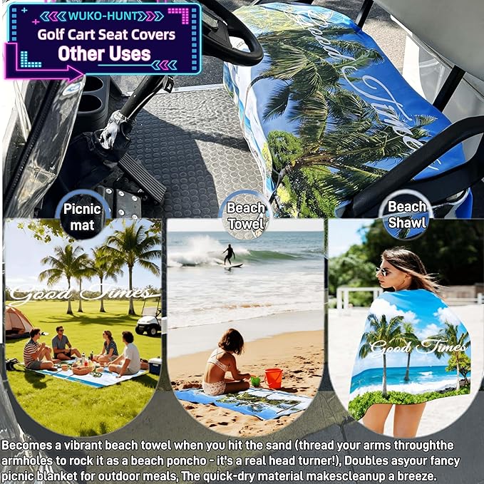 Golf Cart Seat Covers - Quick-Dry Cooling Seat Blanket with 4 Front Pockets, Elastic Armrest Openings, Fits EZGO Yamaha Club Car EPIC, 2-Person Microfiber Suede, Sweat Absorption, All-Season