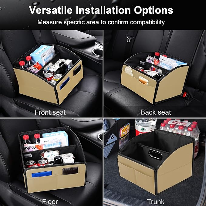Car Storage Organizer [2025 UPDATED] Leather Car Caddy Basket for Front Seat Floor Back Seats Metal Handle 6 Compartments Adjustable Strap Buckles Slip-Resistant (Beige)