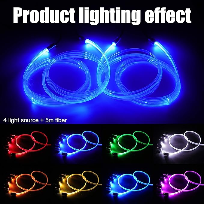 Car Interior Ambient Lighting Optic Fiber RGB 64 Colors Multicoloured Music Car Footwell Lighting Kit with Cigarette Lighter and App Microphone, DC 12V-24V 1W 5m
