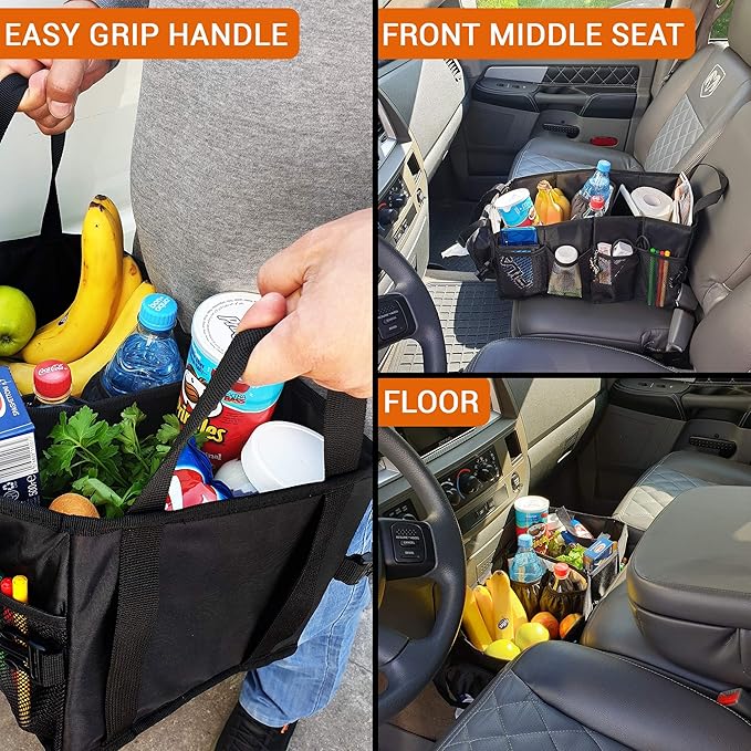 FoxBox Car Seat and Trunk Organizer, SUV Front or Back Seat Storage - Passenger Floor, Under or Between Seats Organization, Car Gifts for Men and Women (Black)