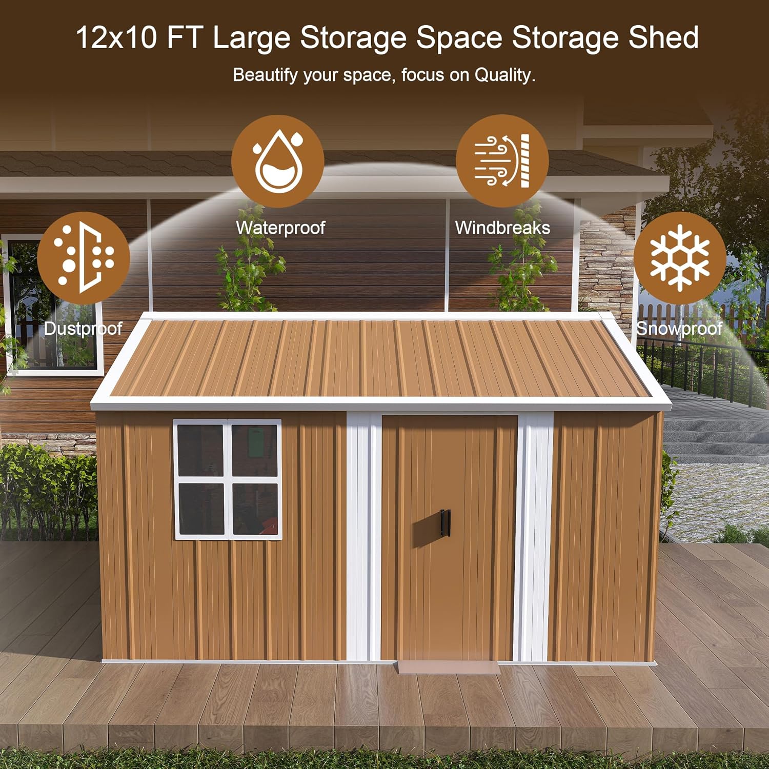 12 x 10 FT Outdoor Storage Shed, Metal Garden Tool Shed with Slooping Roof, Lockable Doors and Windows, All-Weather Weatherproof Blike shed for Garden, Patio, Lawn, Yellow