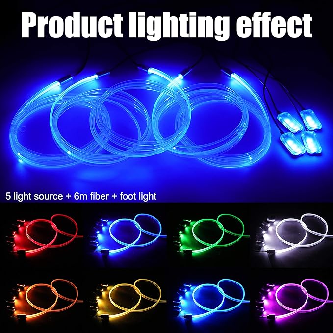 Car Interior Ambient Lighting Optic Fiber RGB 64 Colors Multicoloured Music Car Footwell Lighting Kit with Cigarette Lighter and App Microphone, 12-24V 6m