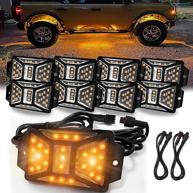 8 Pods Amber Rock Lights with 2 Pack Extension Wires,Waterproof Rock Lights Compatible with Trucks Jeep UTV SUV ATV Boat Golf Cart, High Bright Underglow Car Kits,Two-Path Led Rock Light(Patented)