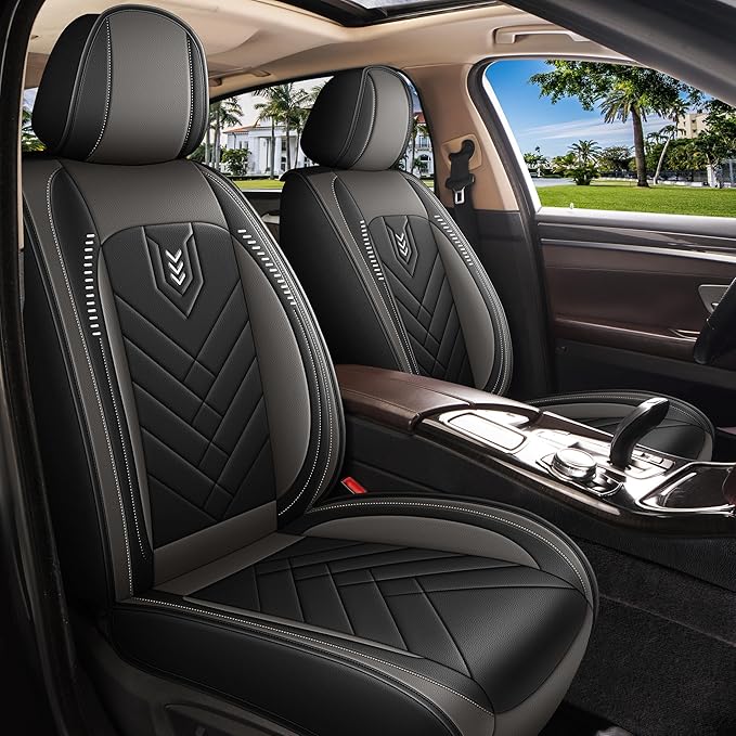 AOMSAZTO Front Seat Covers Fit for Nissan Pathfinder 2011-2025 2026 Waterproof Faux Leather Car Seat Cover Compatible with Airbag(2PCS Front, Black&Grey)