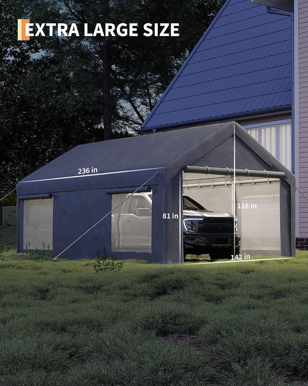 12x20 Ft Carport, Car Port with 200g PE Tarp, Roll-Up Doors, and 4 Windows, for Full-Size Pickups, Bass Boats, Tractors, and SUVs, Gray