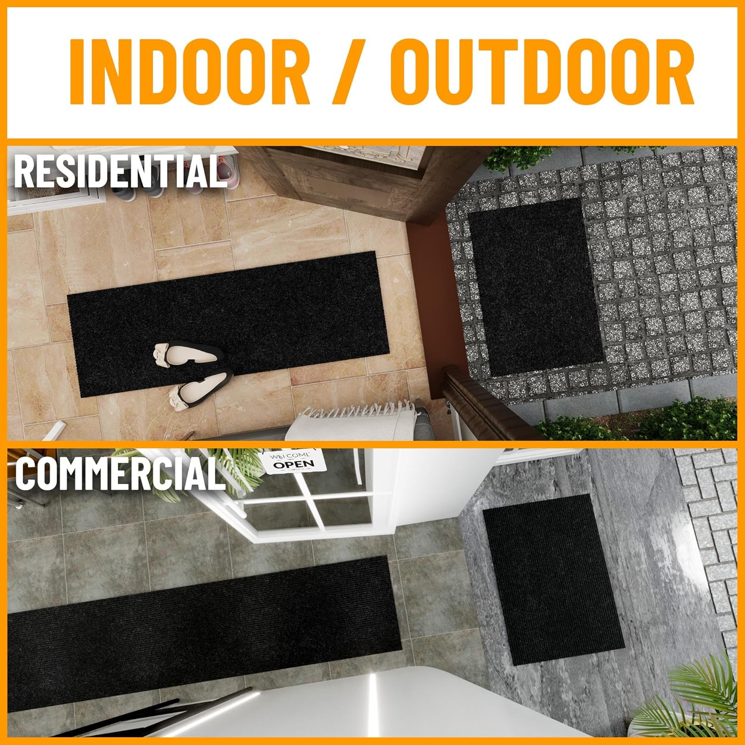 Ottomanson 2' x 16' Hallway Runner with Scraper Pile Extra Durable Non-Slip Rug Mat for Indoor & Outdoor Use - Ideal for Kitchen, Entryway, Patio & Garage - High-Traffic Carpet, Black