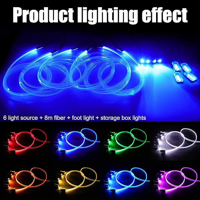 Car Interior Ambient Lighting Optic Fiber RGB 64 Colors Multicoloured Music Car Footwell Lighting Kit with Cigarette Lighter and App Microphone, 12-24V 8m