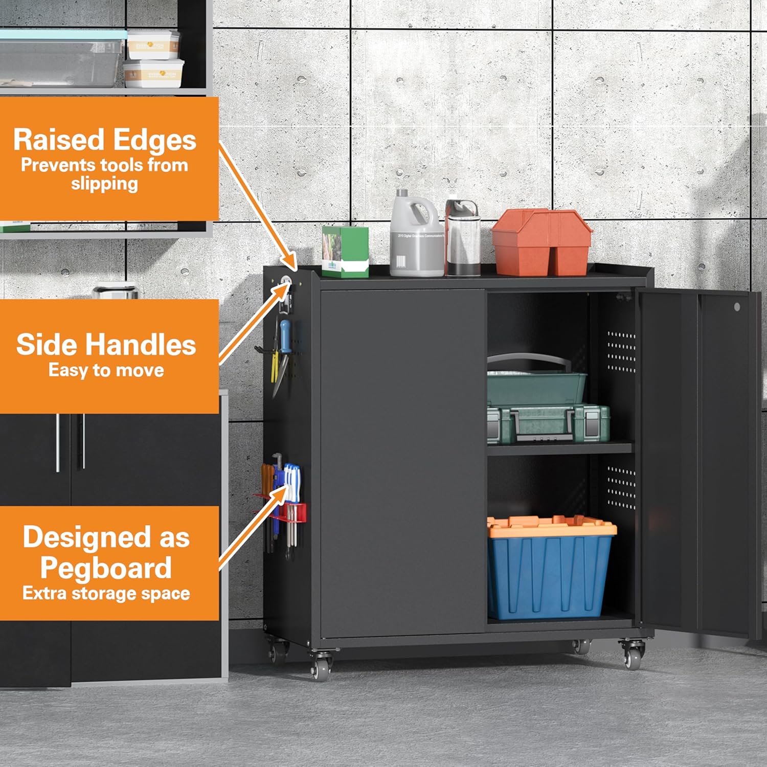 34" Metal Garage Storage Cabinet with Wheels, Adjustable Rolling Tool Storage Cabinet with Lock, Steel Locking Tool Cabinet with Doors and Shelves for Garage, Warehouse（Black）