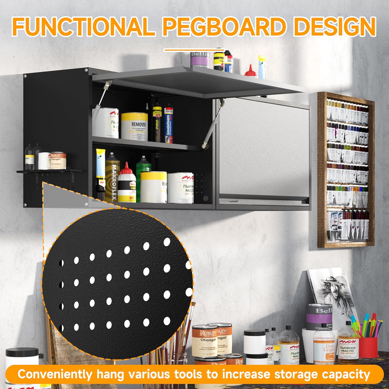 Metal Wall Cabinet with Adjustable Shelves, Doors - Floating Tool Storage for Garage/Warehouse - Black/Gray