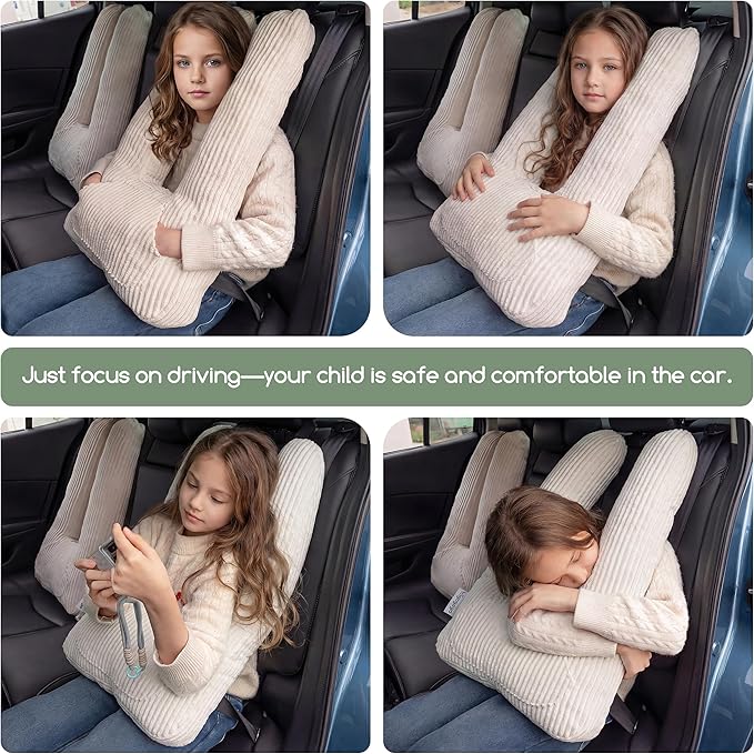 HIGOGOGO Washable Travel Pillow, Car Pillow for Kids & Adults, Travel Pillows with Removable Soft Cover and High-Support Foam, Fix Neck and Body Sitting/Sleeping on The Trip, Beige