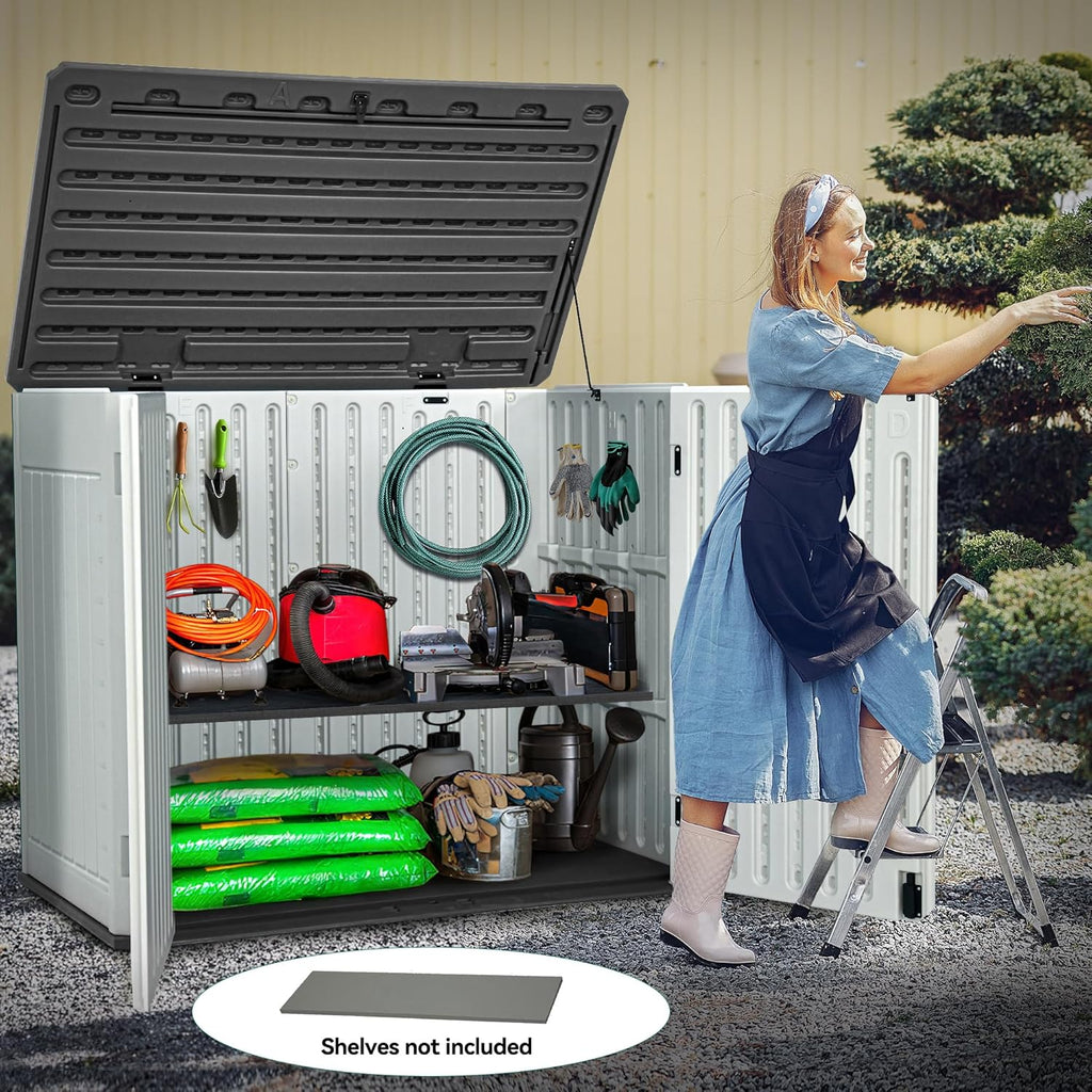 YITAHOME Extra Large Outdoor Horizontal Storage Shed, 4.5x4ft Resin Tool Sheds w/o Shelf, Easy to Assemble Waterproof Storage for Trash Cans, Garden Tools, Lawn Mower, Lockable, Light Gray