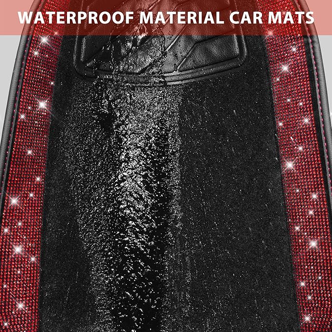 CAR PASS Bling Diamond Car Floor Mats, Shining Rhinestone Carpet Sparkly Glitter Crystal with Anti-Slip PVC Heel Pad Waterproof Universal Fit Automotive SUV,Sedan,Van,Cute Girl Women,4pcs Black Red