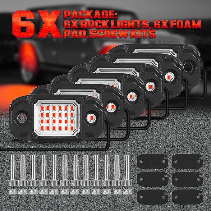 6Pods Red Rock Lights 24 LEDs Chips Neon Trail Rig Lamp Underglow Lights for Cars Trucks SUV ATV UTV (Red)