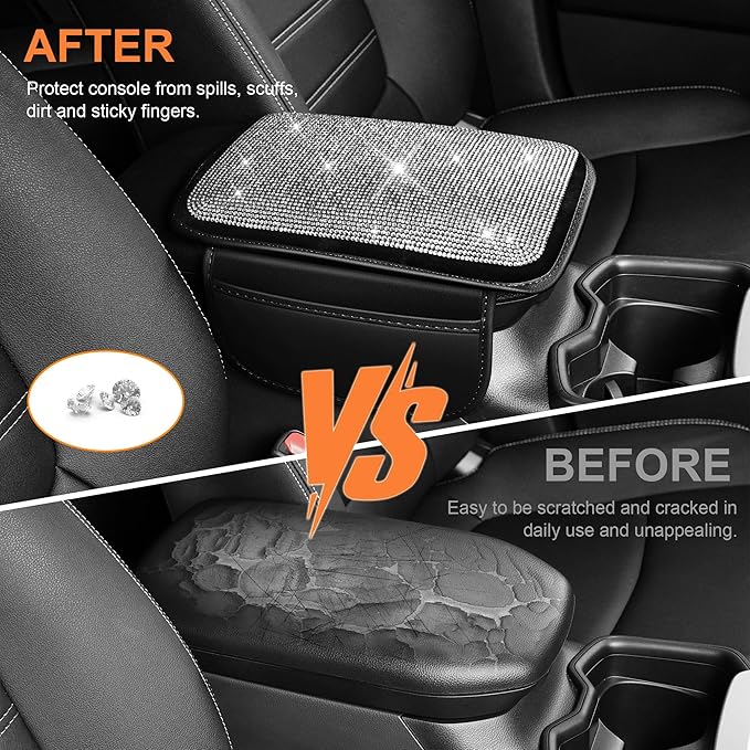 Bling Car Center Console Cover Custom Fit for Jeep Compass - Leather Armrest Cover with 2 Storage Pockets and Crystal Rhinestones(Black)