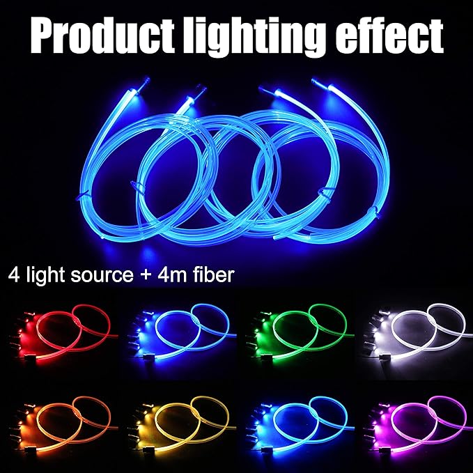 4 Meters Optic Fiber Car Ambient Lighting with Bluetooth App Control 64 Colors Multicoloured Music Interior Lighting Kit DC 12V 1W