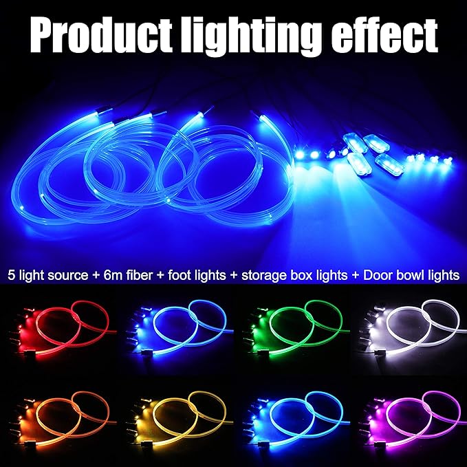 Car Interior Ambient Lighting Optic Fiber RGB 64 Colors Multicoloured Music Car Footwell Lighting Kit with Cigarette Lighter and App Microphone, 12-24V 6m