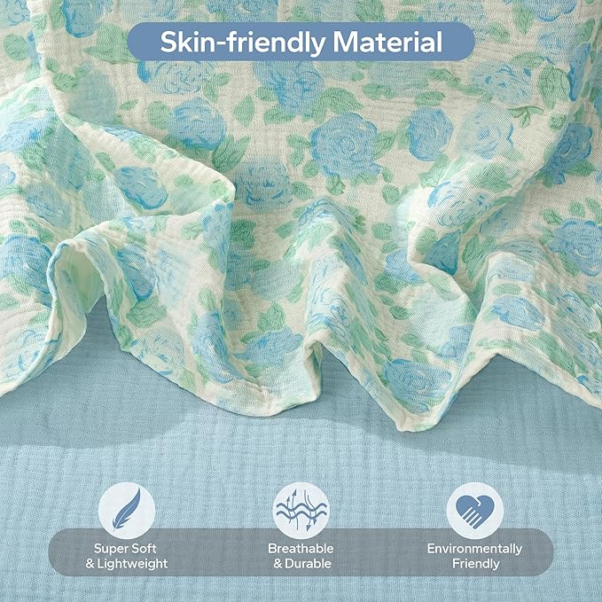 SERAPHY 100% Muslin Cotton Car Seat Cover Baby, 2 Pack Universal Carseat Covers Baby Boy Girl, Breathable Car Seat Canopy, Soft Infant Car Seat Cover for Summer and Winter—2 Pcs Blue&Flowers
