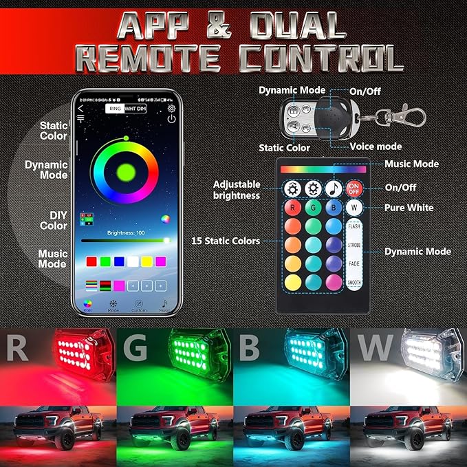 16 Pods Full Angle RGBW LED Rock Lights for Truck Jeeps RV Pickup Offroad UTV SUV Van, RGB and White Waterproof Multicolor Neon Underglow Kit with APP/RF Remote Vehicle Underbody Light Underneath 12V
