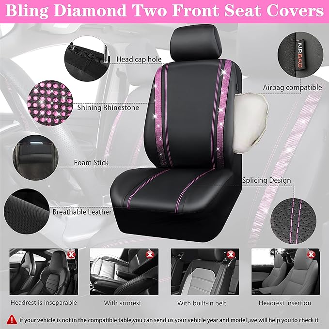 CAR PASS Bling Diamond Car Seat Covers Full Set, Shining Rhinestone Waterproof Faux Leather, Rear with Zipper, Universal Fit Automotive Glitter Crystal Sparkle Strips for Women Girl, Black Pink