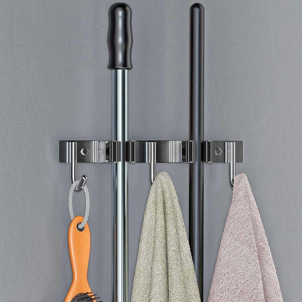Heavy Duty Broom and Mop Holder Wall Mounted with 2 Rubber Grip Slots & 3 Utility Hooks – SUS304 Stainless Steel, Waterproof, Self Adhesive or Drill Mount, for Garage, Laundry, Kitchen & Closet Use