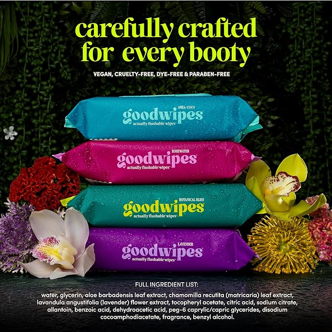 goodwipes Flushable Butt Wipes - Extra Large Adult Wet Wipes For Women & Men - Bathroom Essentials - Sewer & Septic Safe - Rosewater, 418 Count (8 Packs + 1 Travel)