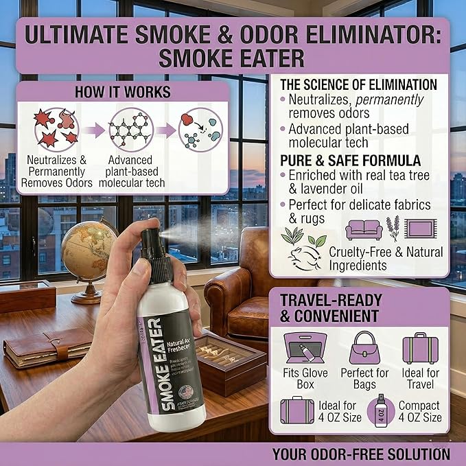 Smoke Eater Cigarette, Cigar & Tobacco Odor Eliminator Spray & Air Freshener for Car, Home, Clothes — Lavender, 4 oz Travel Size — Tea Tree Oil Formula, Non-Aerosol Pump Spray