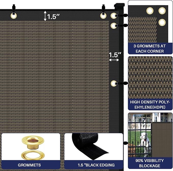 Windscreen4less Privacy Fence Screen Heavy Duty Windscreen Fencing Mesh Fabric Shade Net Cover with Brass Grommtes for Outdoor Wall Garden Yard Pool Deck, 8'x139' Brown