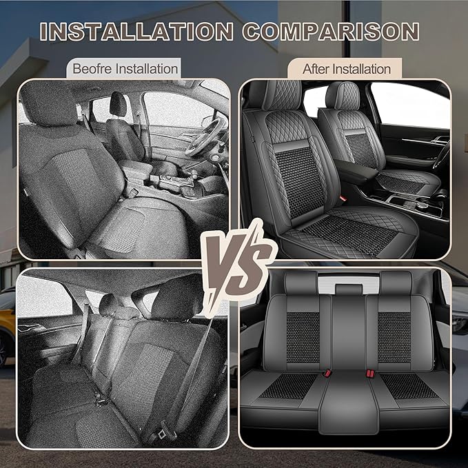 TTX LIGHTING for VW Taos 2022-2026 Car Seat Covers, Breathable Ice Silk & Leather Seat Protector, Cool & Anti-Sweat for Long Driving, Airbag Compatible, 5 Seats Full Set (Black&Gray)