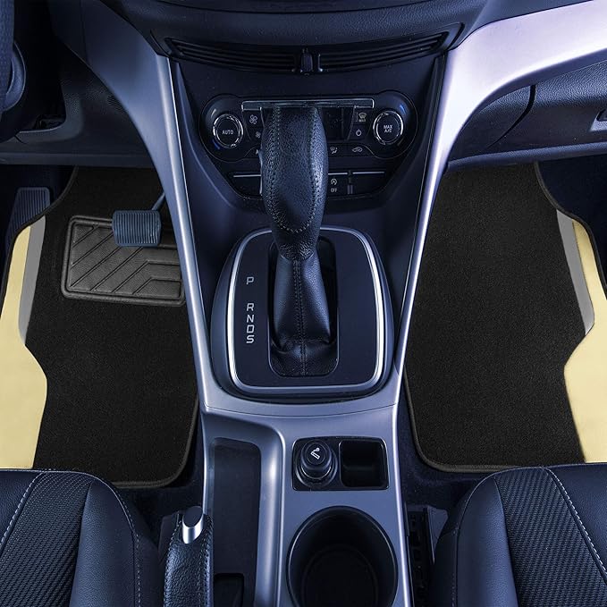 FH Group Color-Block Carpet Car Floor Mats – Non-Slip, Faux Leather Accents, Universal Fit for Sedan, SUV & Truck – Full Set Beige