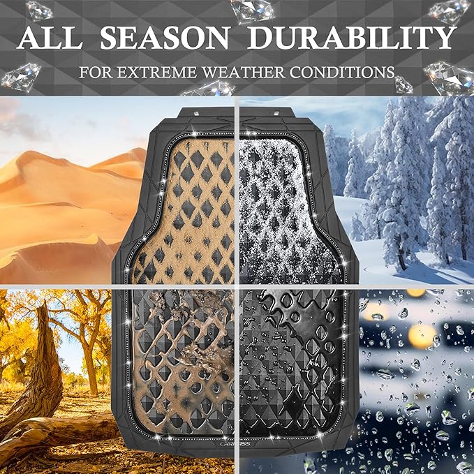 CAR PASS Bling Diamond Rubber Car Mats, Heavy Duty Deep Dish All-Weather Floor Mat Full Set Anti-Slip 3D Rhombus Waterproof Trim to Fit Liner Universal Glitter Sparkly Shining Rhinestone, 3 Pcs Black