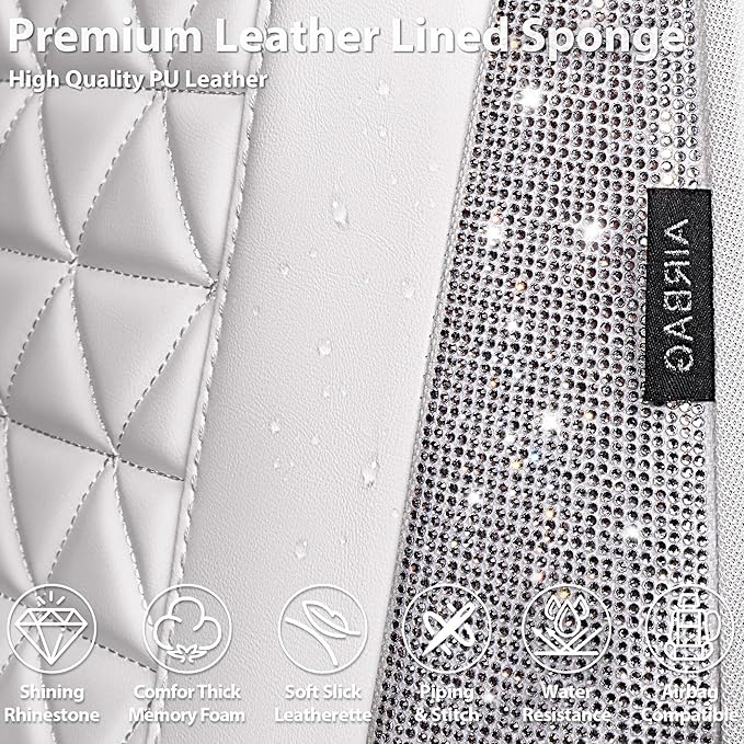 CAR PASS All White Bling Diamond Leather Car Seat Covers Full Sets,Waterproof Shining Glitter Sparkly Crystal Universal Fit for Automotive Truck SUV Cute Women Girl Airbag Compatable,Sliver Rhinestone