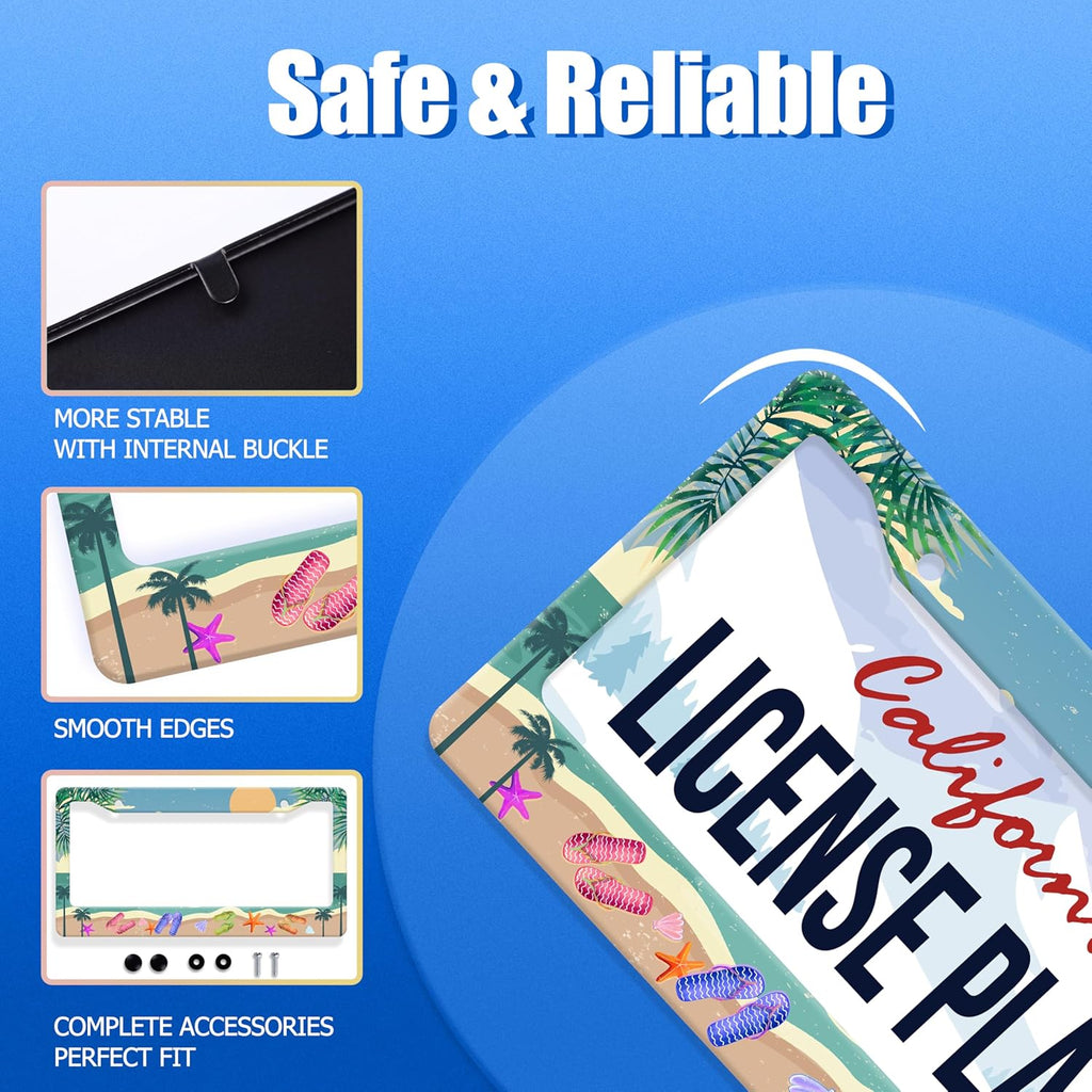 Summer Beach License Plate Frame Flip Flops License Plate Stainless Steel Funny License Plate Holder Personalized Beach Car Accessory Decoration 12.3" x 6.3"for Men Women