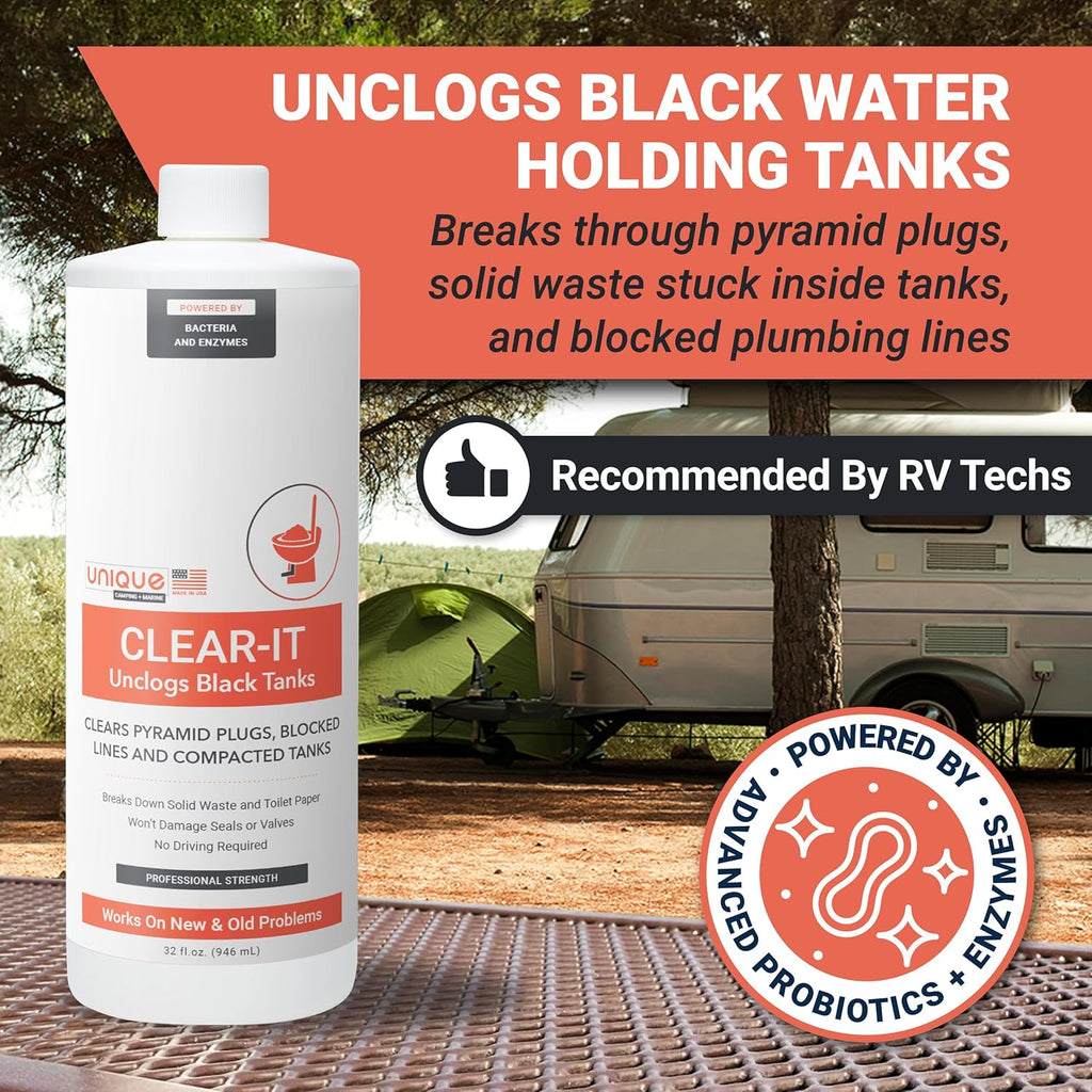 Unique Clear-It RV Black Tank Unclogger Liquid - Breaks Through Pyramid Plugs, Compacted Tanks, and Clogged Pipes (32 oz)