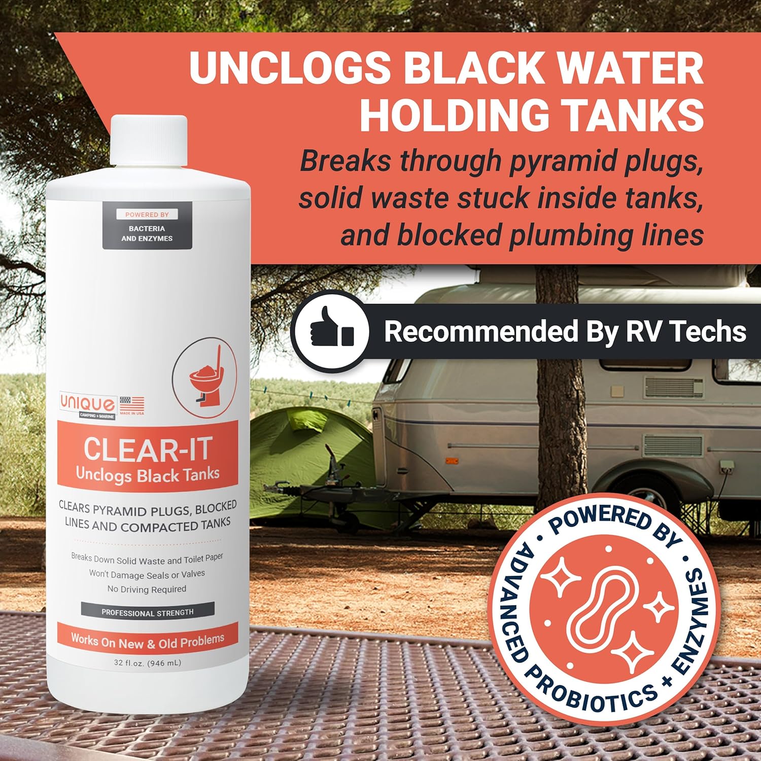 Unique Clear-It RV Black Tank Unclogger Liquid - Breaks Through Pyramid Plugs, Compacted Tanks, and Clogged Pipes (32 oz)