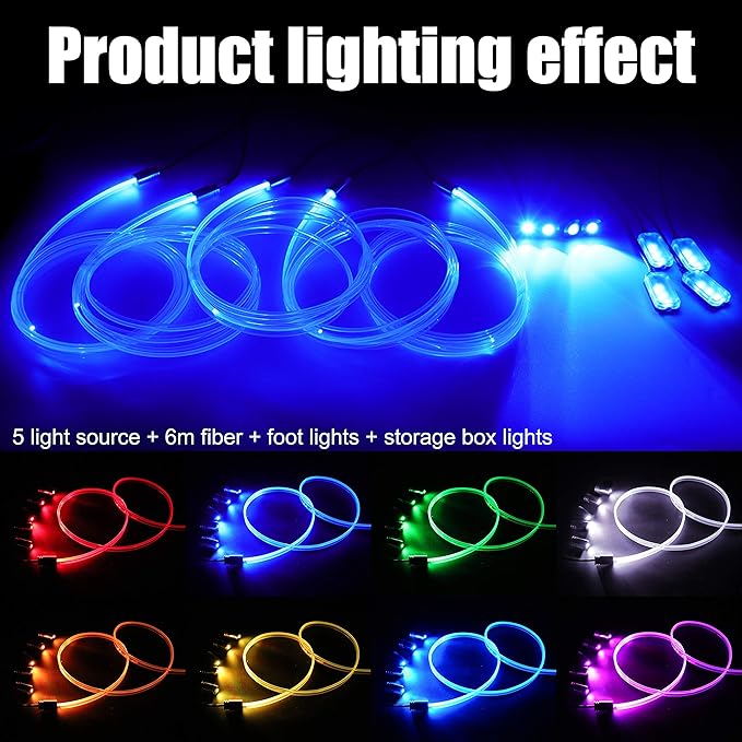 Car Interior Ambient Lighting Optic Fiber RGB 64 Colors Multicoloured Music Car Footwell Lighting Kit with Cigarette Lighter and App Microphone, 12-24V 6m