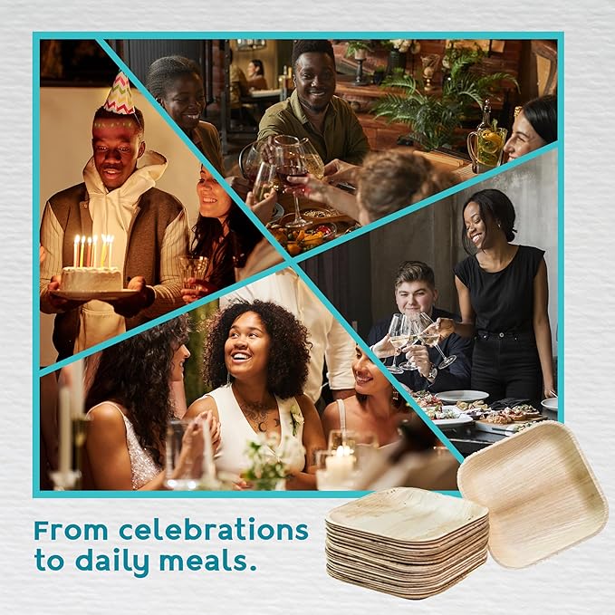 100% Natural 10" & 7" Palm Leaf Square Plate (50-pack), Compostable & Biodegradable Dinnerware for Catering, Birthdays, Halloween, BBQs, Thanksgiving, Alternative to Paper & Bamboo Plates Disposable